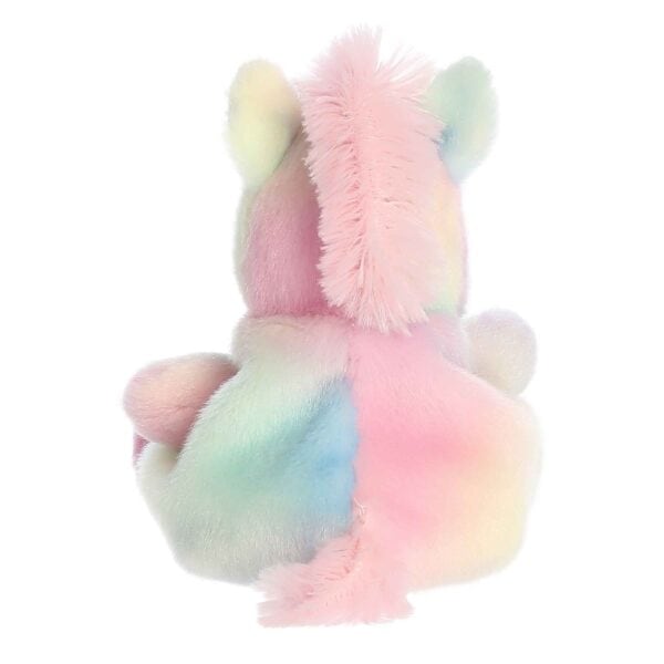 Colorful plush rainbow unicorn toy, rear view.