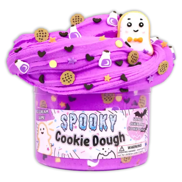 Purple slime with ghost and cookie toppings.