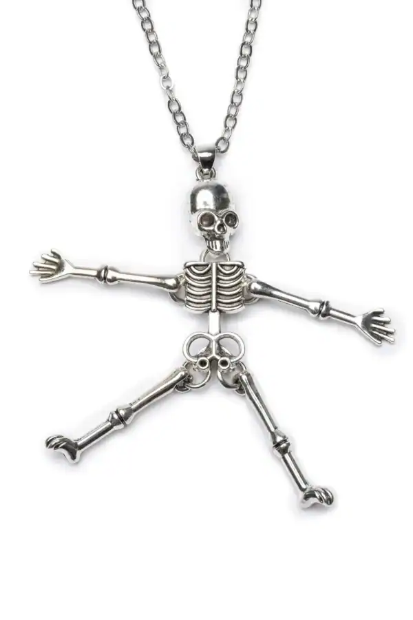 Silver skeleton necklace with articulated limbs