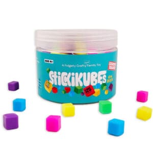 Colorful StickiKubes toy set with scattered cubes.