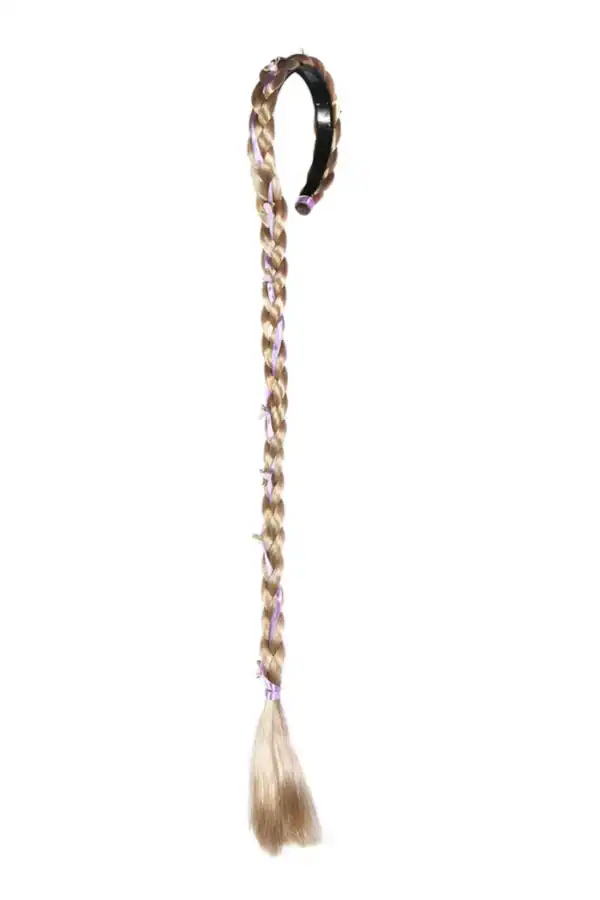 Blonde braided hair headband with ribbon detail.