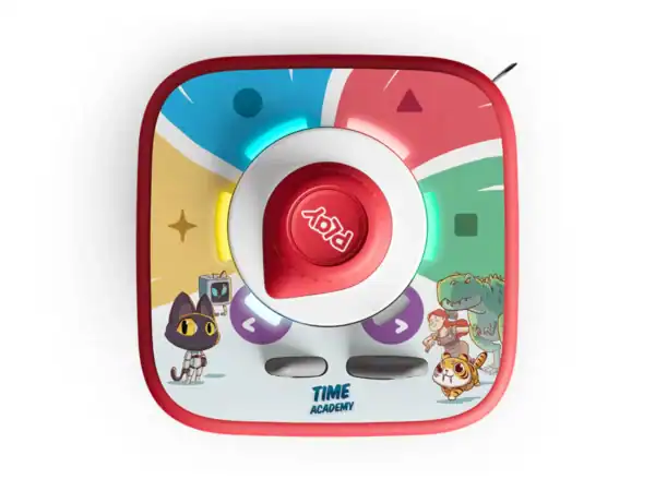 Colorful toy with animal illustrations and play button.