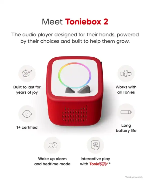 Red Toniebox 2 audio player with various features.