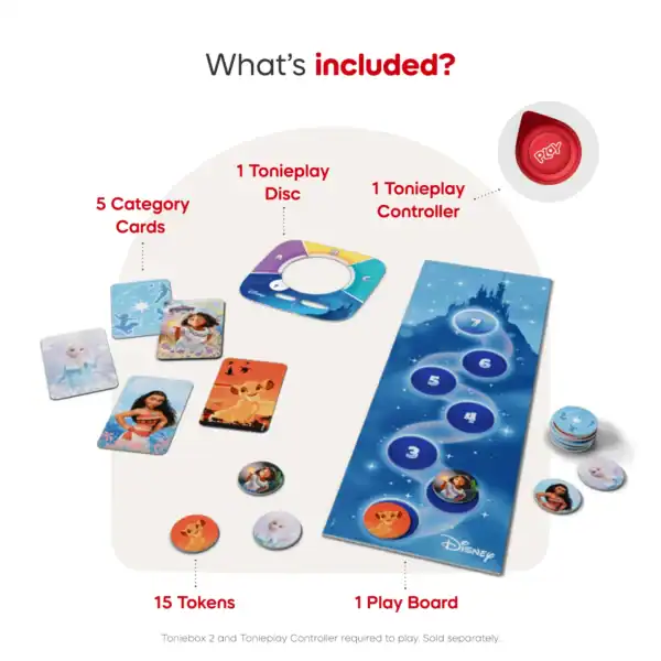Disney Tonieplay game components and cards displayed.