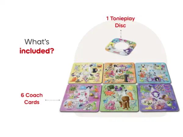Tonieplay disc and six colorful coach cards displayed.