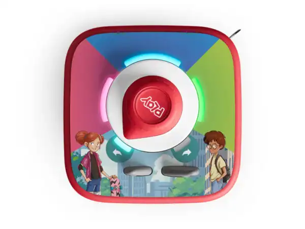 Red gaming console with animated characters.