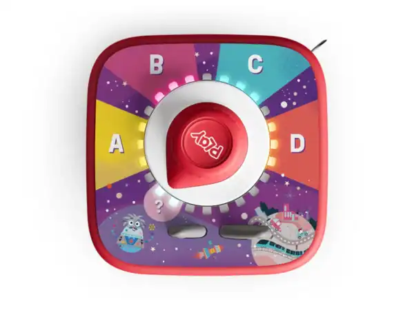 Colorful children's toy with rotating dial and letters.