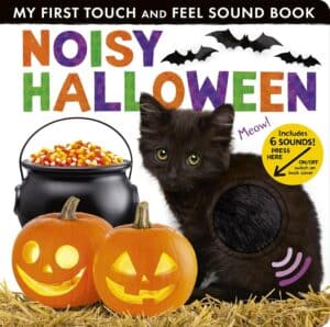Noisy Halloween book with cat, pumpkins, candy.