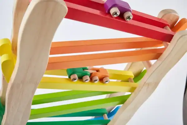 Colorful wooden car ramp toy for kids.