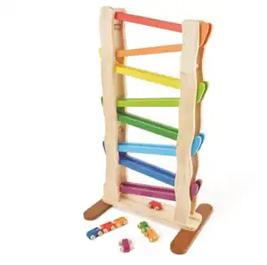 Colorful wooden ramp toy with small cars.