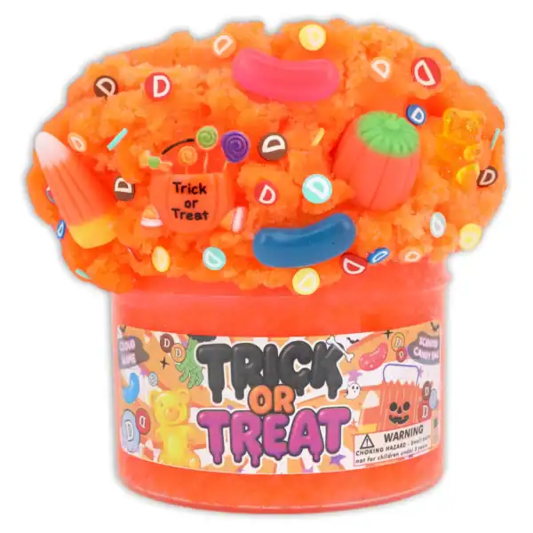 Orange Halloween-themed slime with candy and decorations.