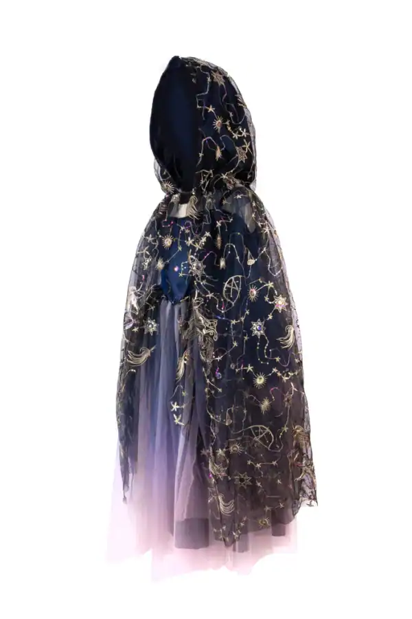 Navy blue hooded cloak with celestial patterns.