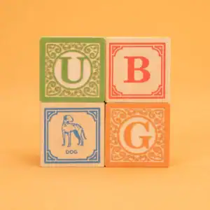 Colorful alphabet blocks with dog illustration