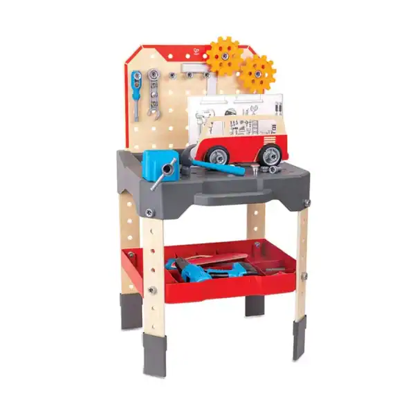 Children's toy tool bench with work tools.