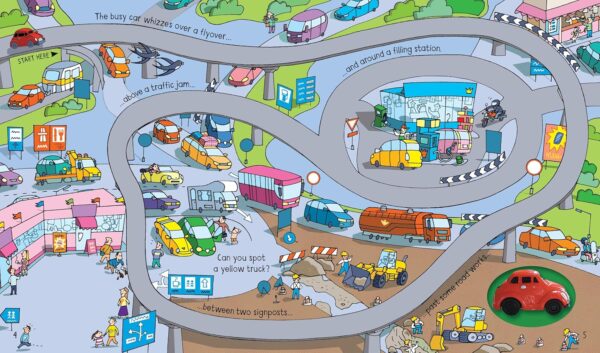 Illustrated busy road with cars and construction.