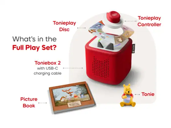 Toniebox playset with booklet and bear figurine.