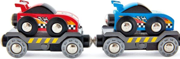 Wooden toy trains with cars on top.