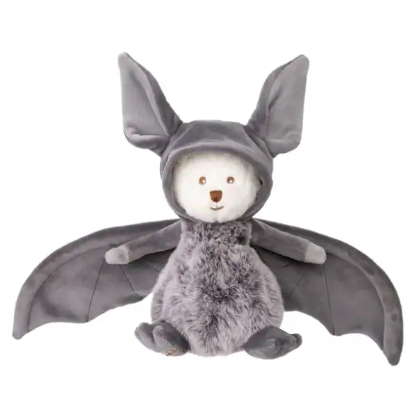 Stuffed bear dressed as a bat with wings.