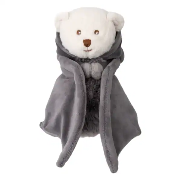 Stuffed bear wearing cozy gray cape