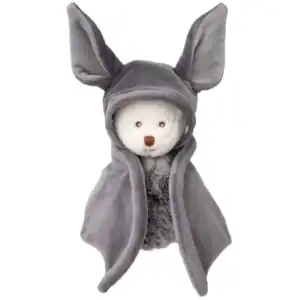 Plush toy in gray bunny outfit, large ears.