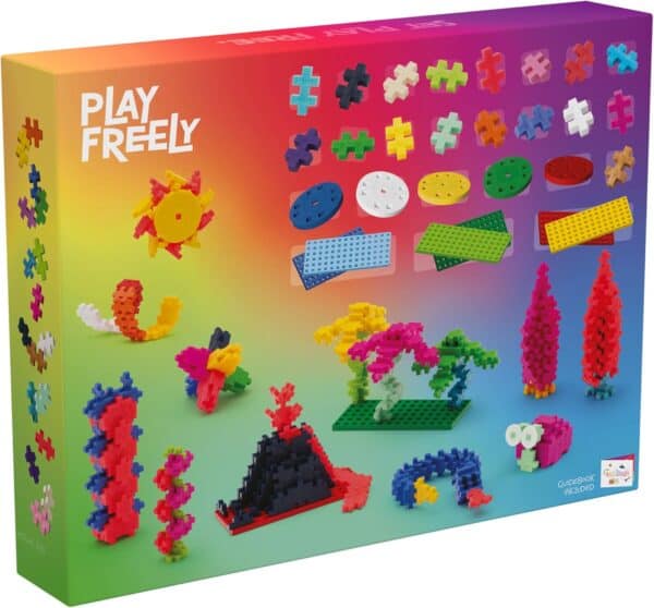 Colorful building blocks toy box set with pieces.
