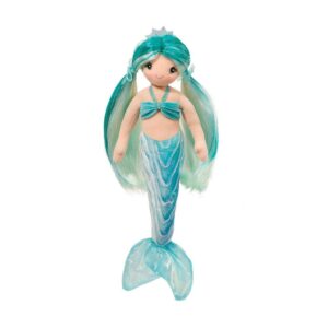 Turquoise mermaid doll with flowing hair and tail.