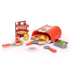 Toy pizza set with oven and ingredients.