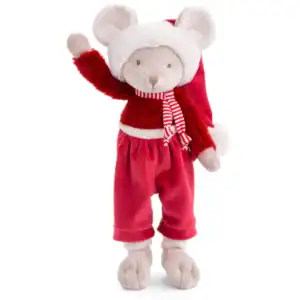 Plush holiday mouse in red Santa outfit.