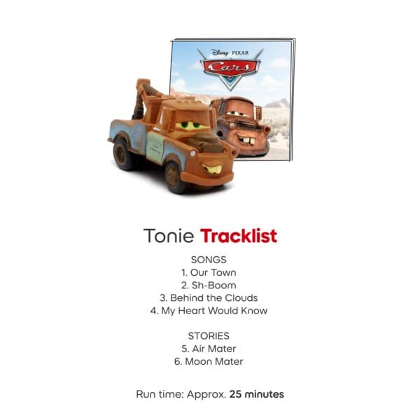 Cars Mater Tonie tracklist with songs and stories.