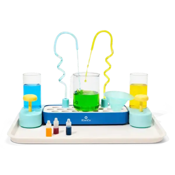 Colorful chemistry lab kit with liquids and tubes.