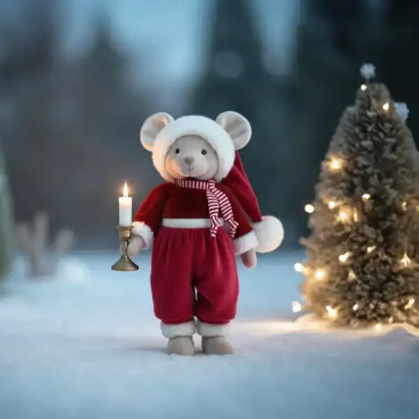Festive mouse toy holding candle in snowy scene.
