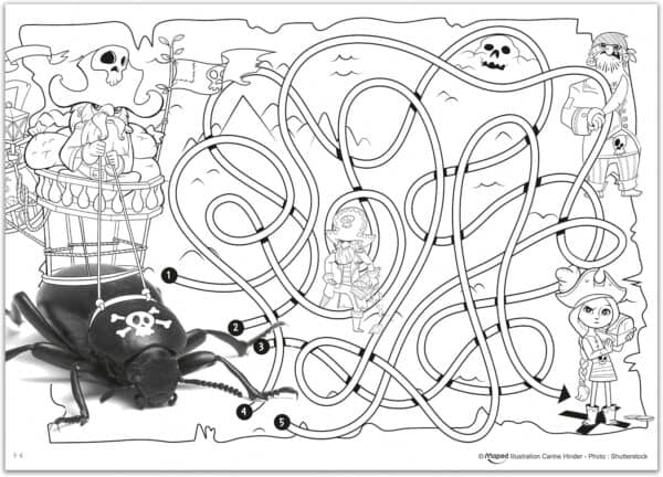 Pirate maze with paths and characters, black and white.