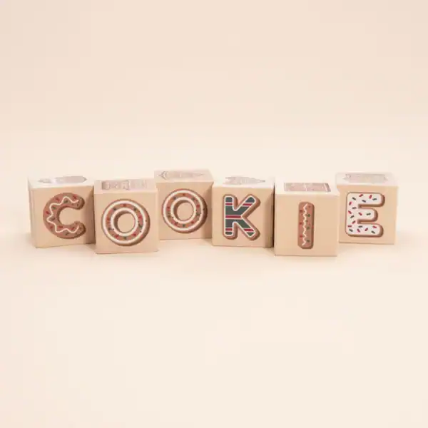 Blocks spell 'COOKIE' on beige background.