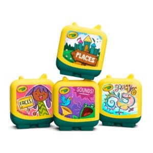 Crayola art boxes labeled Places, Faces, Sounds, Squiggles.
