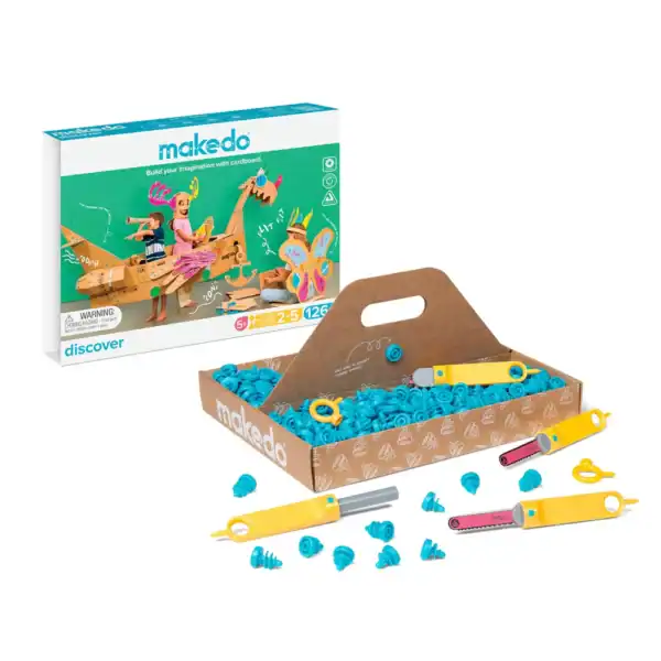 Makedo cardboard construction kit with tools and connectors.
