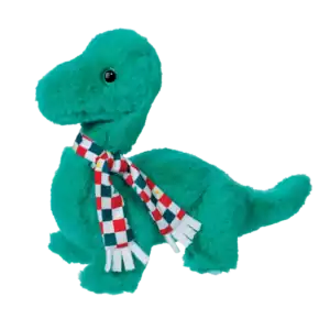 Plush dinosaur toy wearing colorful checkered scarf.