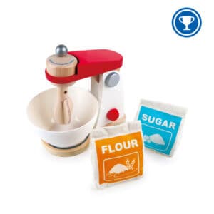 Wooden toy mixer with flour and sugar bags.