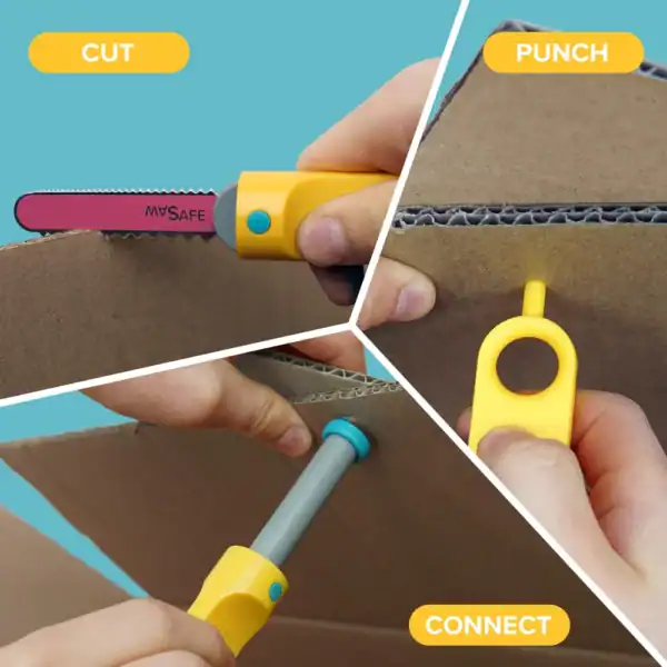 Cardboard cutting, puncturing, and connecting tools.