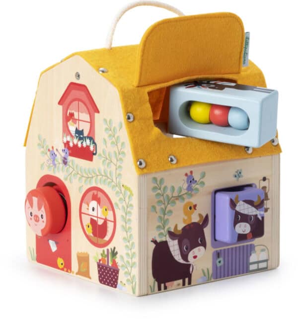 Colorful farm-themed wooden activity toy for children.