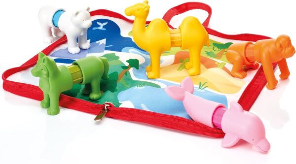 Colorful animal toys on a play mat.