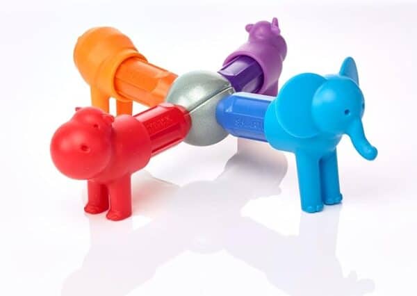 Colorful animal-shaped plastic toys interconnected