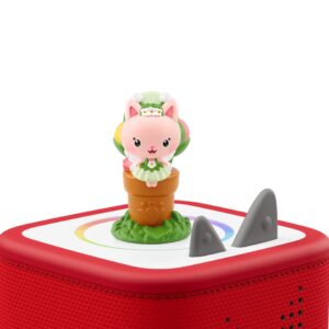 Toy cat figure on red speaker device.