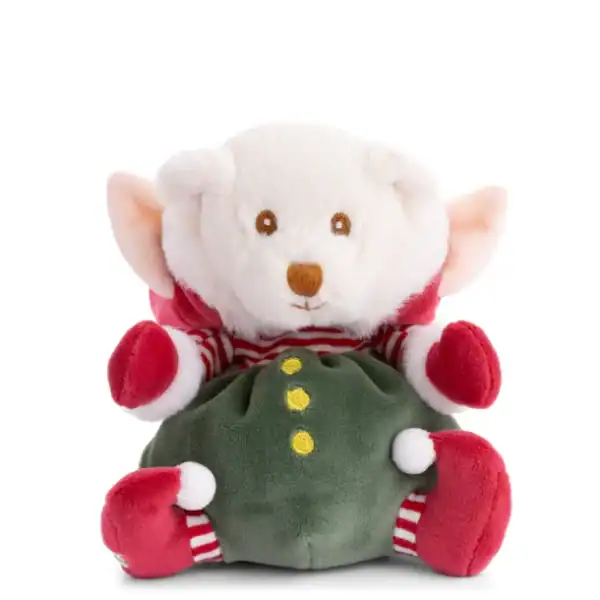 Elf-themed teddy bear plush with red and green outfit.