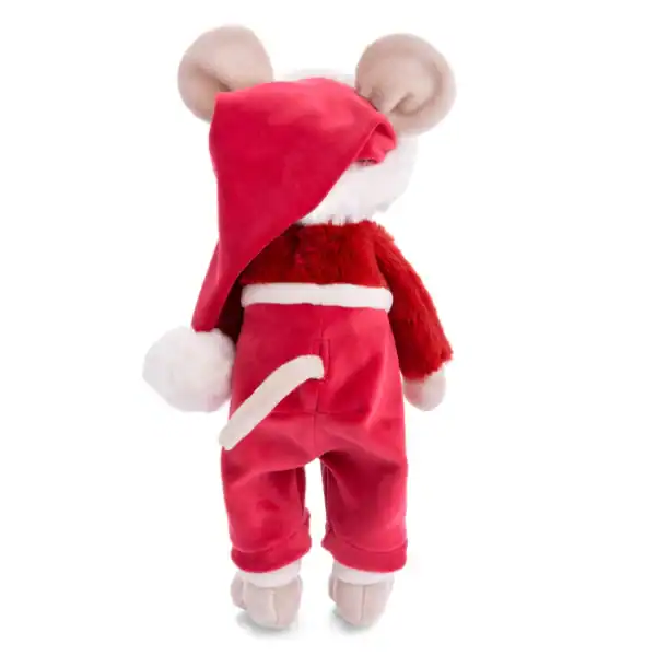 Plush mouse in Santa suit, rear view.
