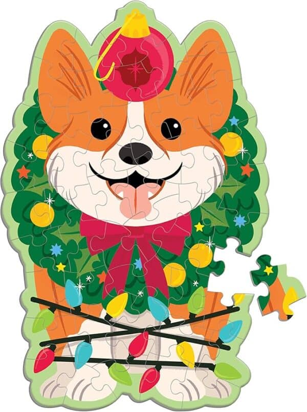 Festive corgi jigsaw puzzle with Christmas lights.