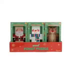Wood fidget puzzles featuring holiday characters.