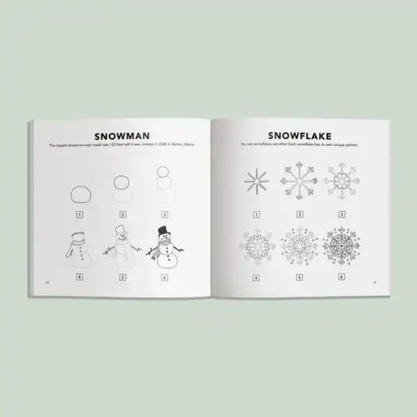 Snowman and snowflake diagrams in a book.