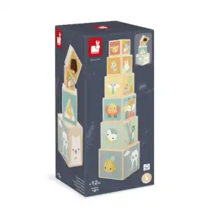 Stacking toy with animal-themed blocks for toddlers.
