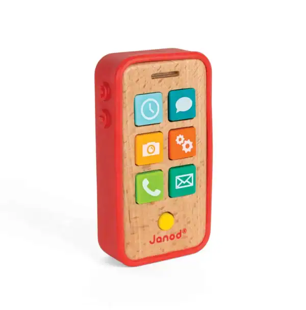 Colorful wooden toy phone with icons, red trim.
