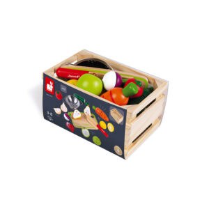 Toy box with colorful wooden fruits and vegetables.